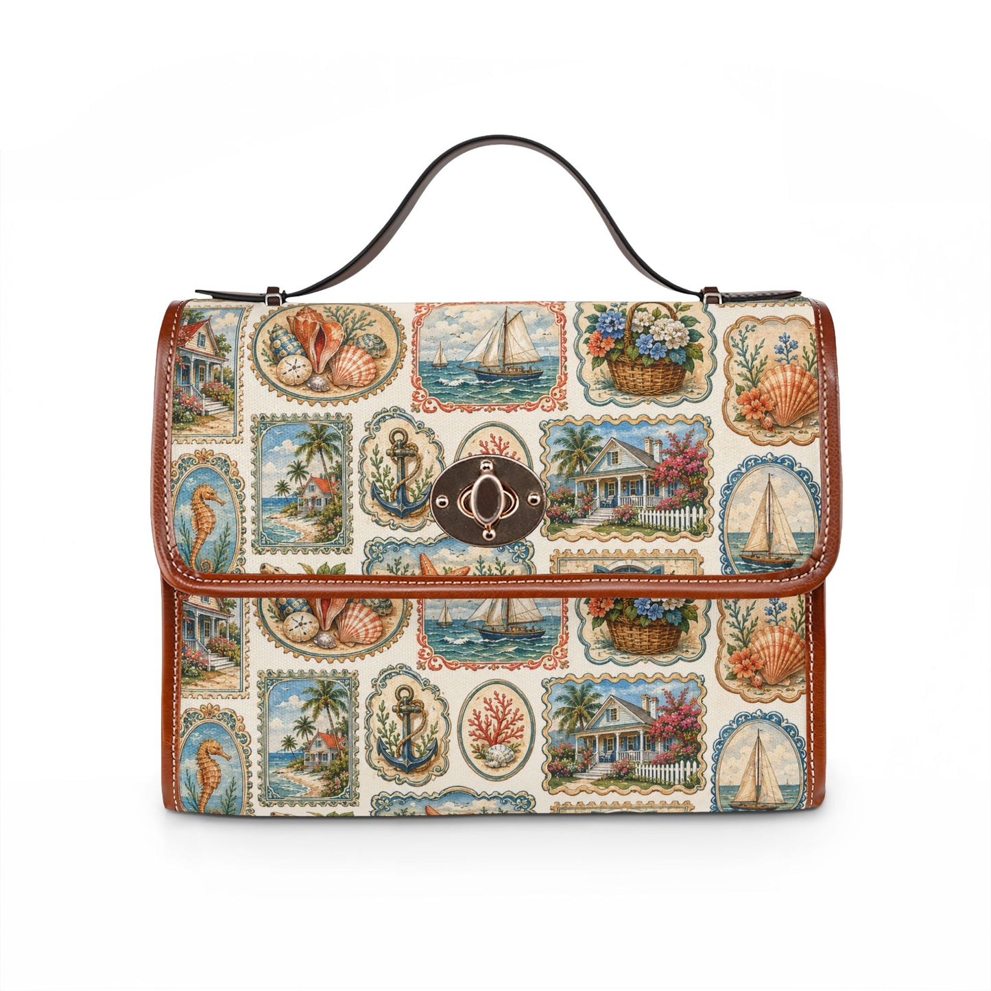 Vintage Coastal Stamp Shoulder Bag - Nautical Leather Trim Handbag - Retro Seaside Postcard Satchel - Elegant Beach Cottage Core Purse