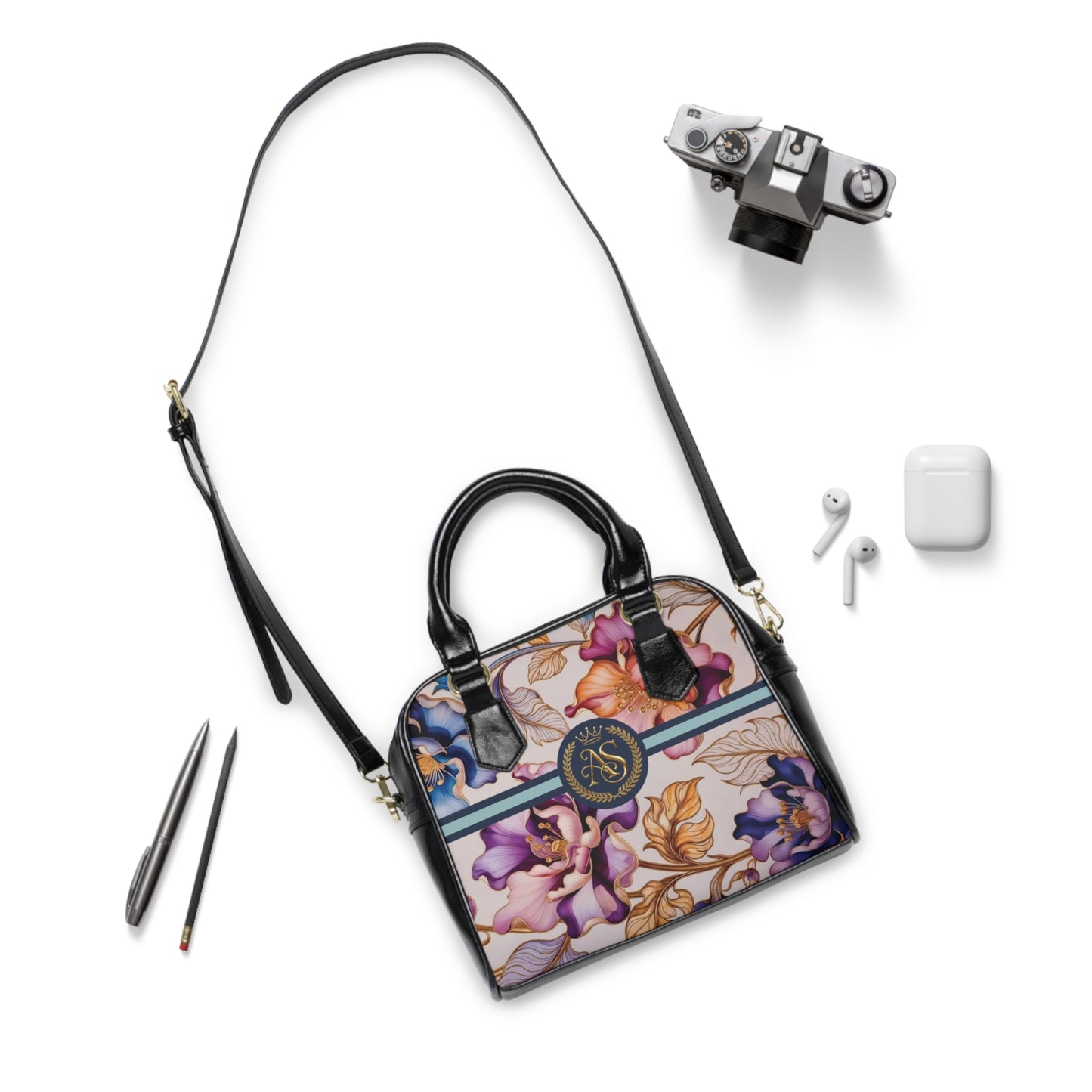 Floral Luxe Shoulder Handbag – Vintage Rose Print with Monogram Emblem