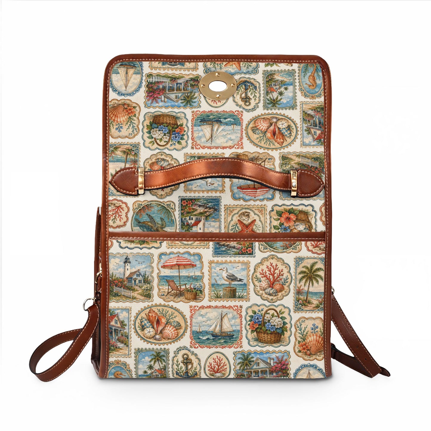 Vintage Coastal Stamp Shoulder Bag - Nautical Leather Trim Handbag - Retro Seaside Postcard Satchel - Elegant Beach Cottage Core Purse