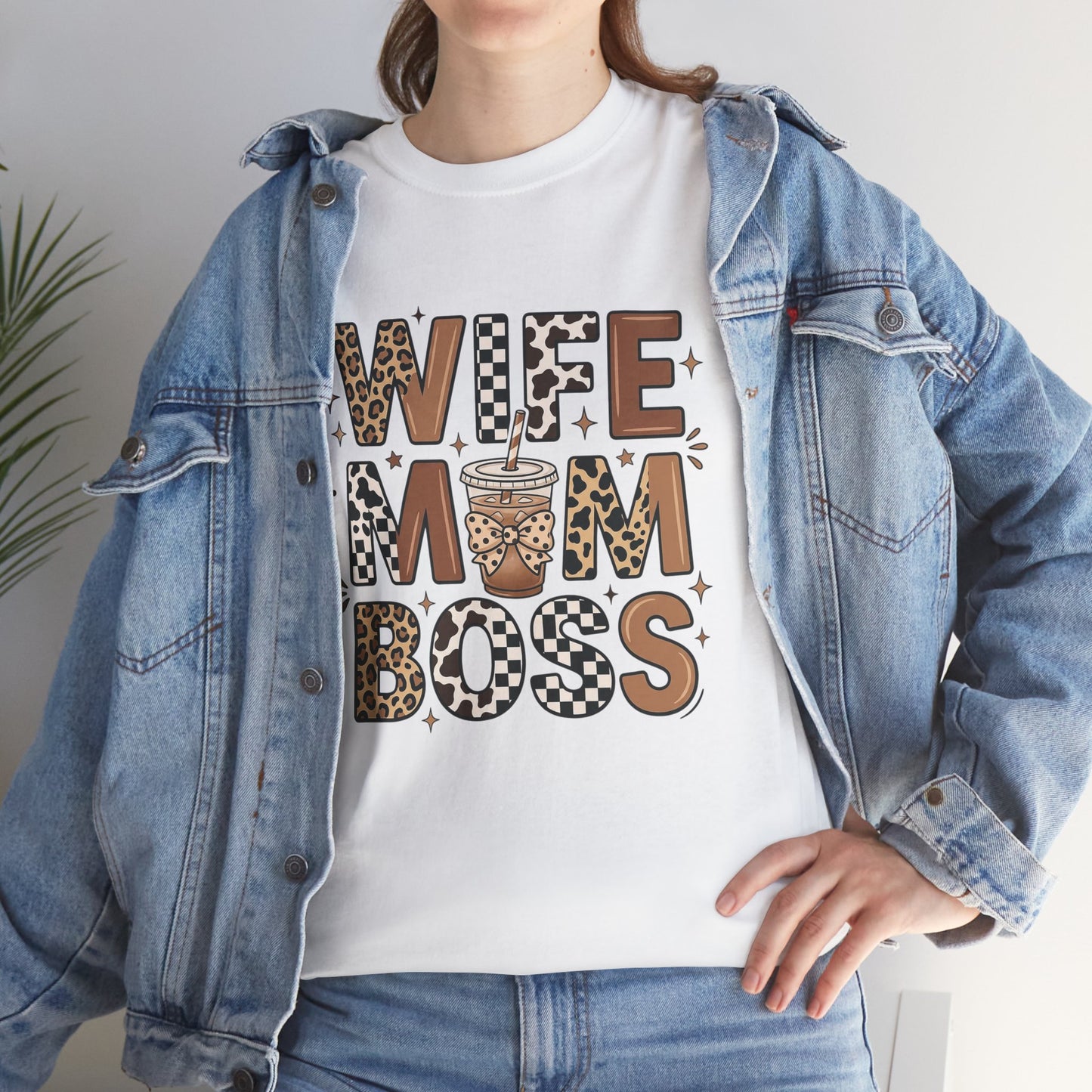Wife Mom Boss Coffee Shirt - Retro Leopard Print Aesthetic Tee - Vintage Motherhood Gift Top