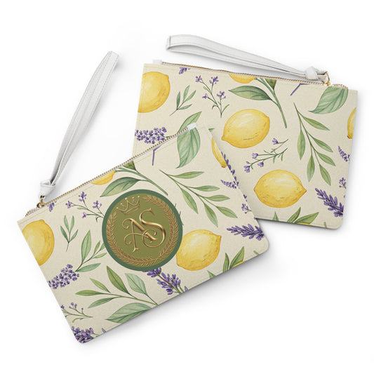 Elegant Lemon and Lavender Canvas Wristlet Clutch with AS Royal Crest - Mediterranean Botanical Summer Handbag by Anita Store