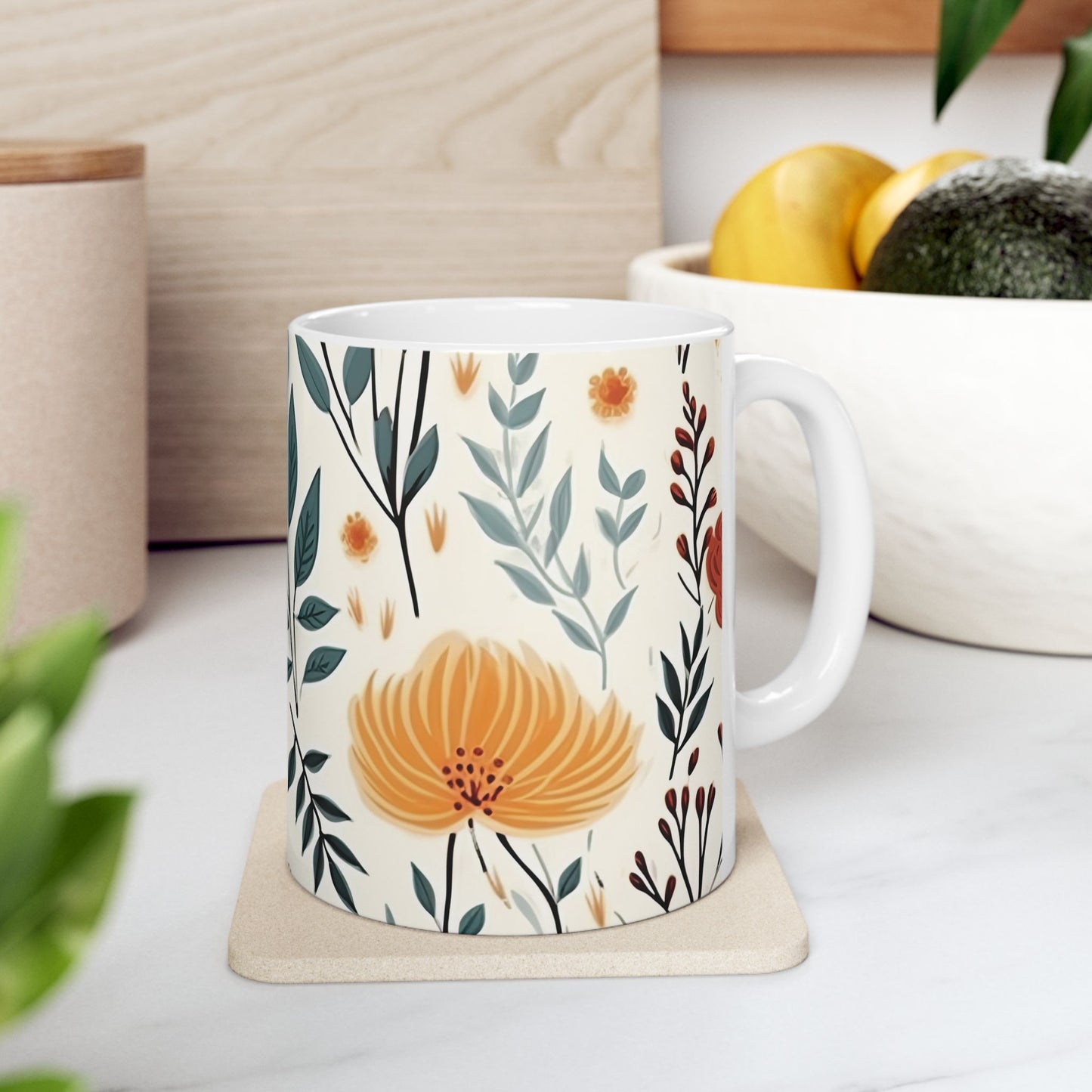 Floral Botanical Coffee Mug - Warm Earth Tones Flower Cup - Aesthetic Garden Office Decor - Personalized Gift for Mom - Boho Style Ceramic Tea Mug